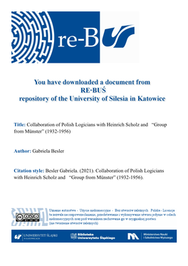 Title: Collaboration of Polish Logicians with Heinrich Scholz and “Group from Münster” (1932-1956) Author: Gabriela Besle