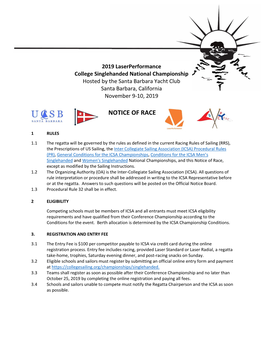 2019 Laserperformance College Singlehanded National Championship Hosted by the Santa Barbara Yacht Club Santa Barbara, California November 9-10, 2019