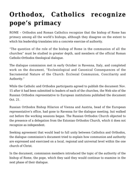 Orthodox, Catholics Recognize Pope's Primacy