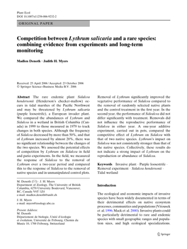 Competition Between Lythrum Salicaria and a Rare Species: Combining Evidence from Experiments and Long-Term Monitoring