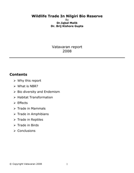 Wildlife Trade in Nilgiri Bio Reserve Vatavaran Report 2008 Contents