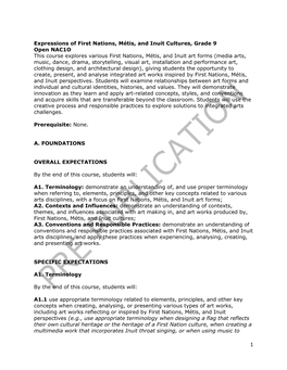 1 Expressions of First Nations, Métis, and Inuit Cultures, Grade 9 Open NAC1O This Course Explores Various First Nations