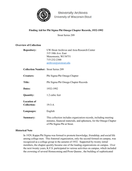 Finding Aid for Phi Sigma Phi Omega Chapter Records, 1932-1992 Stout Series 209 Overview of Collection Repository: UW-Stout