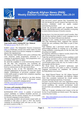 Pajhwok Afghan News (PAN) Weekly Election Coverage Newsletter, Dec.25-31