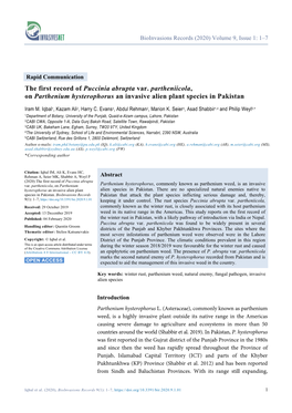 The First Record of Puccinia Abrupta Var. Partheniicola, on Parthenium Hysterophorus an Invasive Alien Plant Species in Pakistan