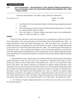 1.9 Town Panchayats – Reconstitution of 561 Special Village Panchayats As Town Panchayats Under the Tamil Nadu District Municipalities Act, 1920 – Orders Issued