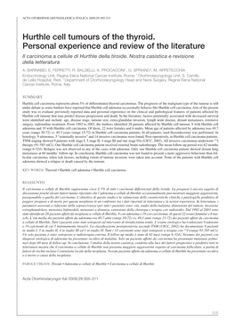 Hurthle Cell Tumours of the Thyroid. Personal Experience and Review of the Literature Il Carcinoma a Cellule Di Hurthle Della Tiroide