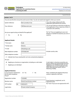 Nottingham Application for a Premises Licence Licensing Act 2003 Section