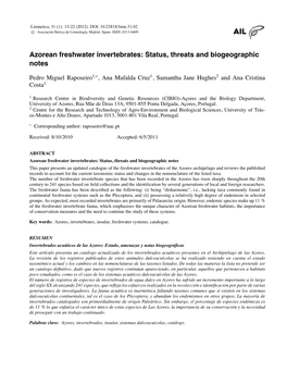 Azorean Freshwater Invertebrates: Status, Threats, Biogeographic Notes