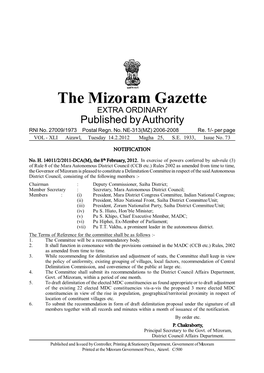 The Mizoram Gazette EXTRA ORDINARY Published by Authority RNI No