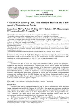 Colletotrichum Acidae Sp. Nov. from Northern Thailand and a New Record of C. Dematium on Iris Sp. Article