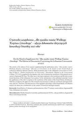 O Potrzebie Uzupełnienia „Akt Zjazdów Stanów Wielkiego Księstwa Litewskiego” – Edycja Dokumentów Dotyczących Konwokacji Litewskiej 1615 Roku∗