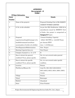 FORM 1 (I) Basic Information Serial Item Details Number 1