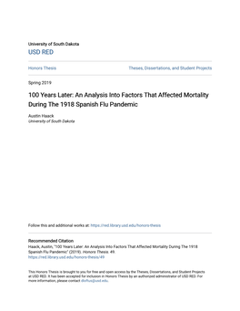 An Analysis Into Factors That Affected Mortality During the 1918 Spanish Flu Pandemic