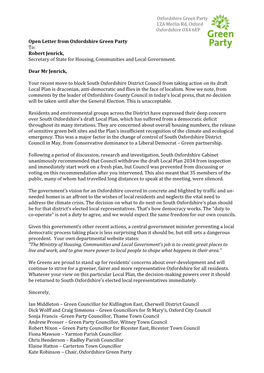 Open Letter from Oxfordshire Green Party To: Robert Jenrick, Secretary of State for Housing, Communities and Local Government