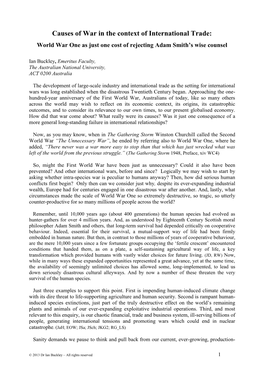 Causes of War in the Context of International Trade: World War One As Just One Cost of Rejecting Adam Smith’S Wise Counsel