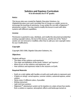 Solstice and Equinox Curriculum 45 to 60 Minutes for 6Th-8Th Grades