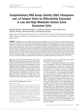 Complementary DNA Arrays Identify CD63 Tetraspanin and 3 Integrin