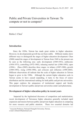 Public and Private Universities in Taiwan: to Compete Or Not to Compete?