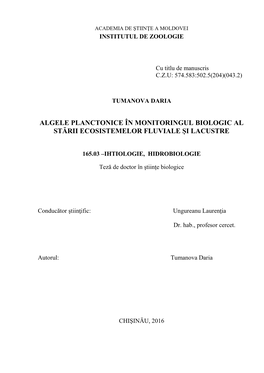 Algele Planctonice În Monitoringul Biologic Al Stării Ecosistemelor Fluviale Şi Lacustre