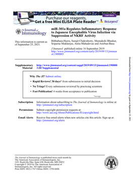 Mir-301A Regulates Inflammatory Response to Japanese Encephalitis Virus Infection Via Suppression of NKRF Activity