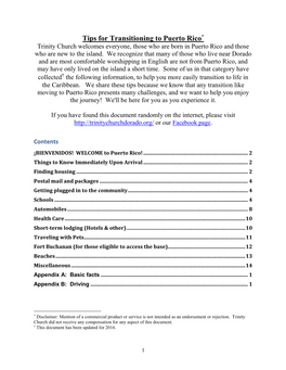 Tips for Transitioning to Puerto Rico* Trinity Church Welcomes Everyone, Those Who Are Born in Puerto Rico and Those Who Are New to the Island