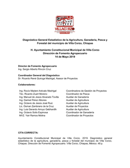 Diagnóstico General Estadístico De La Agricultura, Ganadería, Pesca Y Forestal Del Municipio De Villa Corzo, Chiapas H. Ayunt