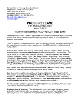 PRESS RELEASE for IMMEDIATE RELEASE March 15, 2018