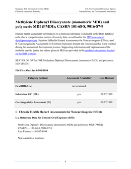 Methylene Diphenyl Diisocyanate (Monomeric MDI) and Polymeric MDI (PMDI); CASRN 101-68-8, 9016-87-9