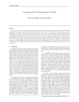 Competition Analysis of Bank Mergers in Australia Garry K Goddard+ and Greg Walker