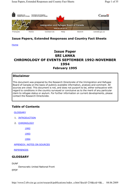 Issue Paper SRI LANKA CHRONOLOGY of EVENTS SEPTEMBER 1992-NOVEMBER 1994 February 1995