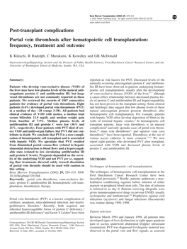 Post-Transplant Complications Portal Vein Thrombosis After Hematopoietic Cell Transplantation: Frequency, Treatment and Outcome