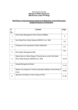 Government of India Ministry of Water Resources (BM Division Under PP Wing)