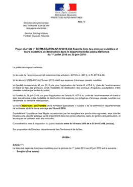 Projet D'arrêté Fixant La Liste Des Animaux Nuisibles Et Leurs Modalités De Destruction Dans Le