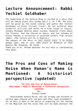 Rabbi Yechiel Goldhaber,The Pros and Cons of Making Noise When Haman's Name Is Mentioned