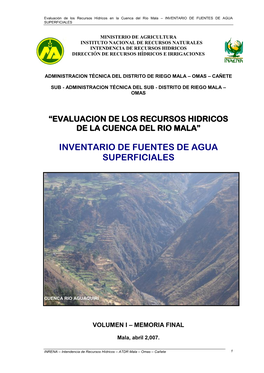 Ministerio De Agricultura Instituto Nacional De Recursos Naturales Intendencia De Recursos Hidricos Dirección De Recursos Hídricos E Irrigaciones