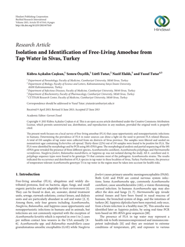 Research Article Isolation and Identification of Free-Living Amoebae from Tap Water in Sivas, Turkey