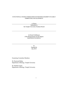 I FUNCTIONAL CHARACTERIZATION of DENND5A/RAB6IP1 in EARLY