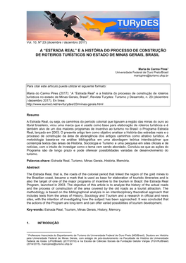 A “Estrada Real” E a História Do Processo De Construção De Roteiros Turísticos No Estado De Minas Gerais, Brasil