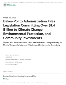 Baker-Polito Administration Files Legislation Committing Over $1.4 Billion to Climate Change, Environmental Protection, and Community Invest…