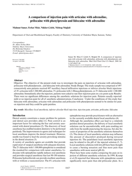 A Comparison of Injection Pain with Articaine with Adrenaline, Prilocaine with Phenylpressin and Lidocaine with Adrenaline