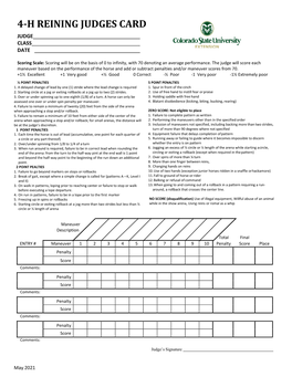 4-H Reining Judges Card Judge Class Date