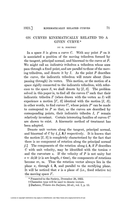 ON CURVES KINEMATICALLY RELATED to a GIVEN CURVE* In