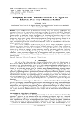 Demography, Social and Cultural Characteristics of the Gujjars and Bakarwals, a Case Study of Jammu and Kashmir Dr.Mohd. Tufail