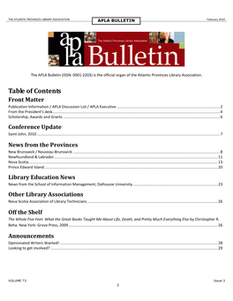 Table of Contents Front Matter Publication Information / APLA Discussion List / APLA Executive