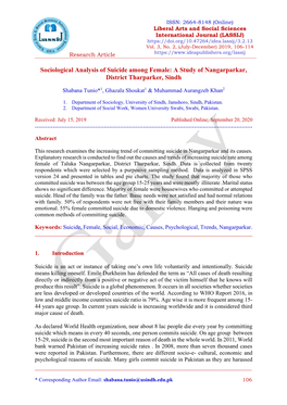 Sociological Analysis of Suicide Among Female: a Study of Nangarparkar, District Tharparker, Sindh