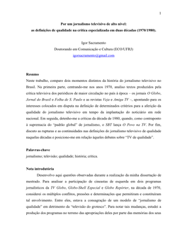 Por Um Jornalismo Televisivo De Alto Nível: As Definições De Qualidade Na Crítica Especializada Em Duas Décadas (1970/1980)