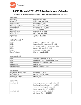 BASIS Phoenix 21-22 School Calendar