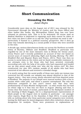 Grounding the Riots Janet Bujra