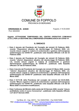 Attivazione Temporanea Del Centro Operativo Comunale (C.O.C.) Per La Gestione Dell’Emergenza Epidemiologica Da Covid-19